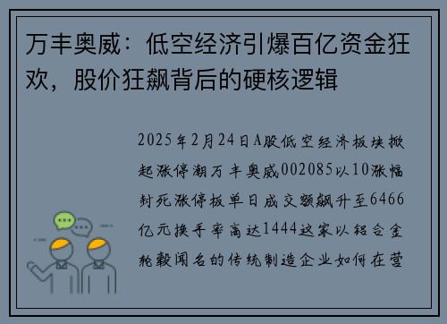 万丰奥威：低空经济引爆百亿资金狂欢，股价狂飙背后的硬核逻辑