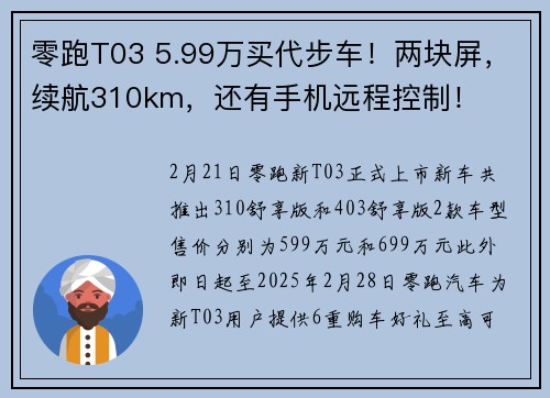 零跑T03 5.99万买代步车！两块屏，续航310km，还有手机远程控制！