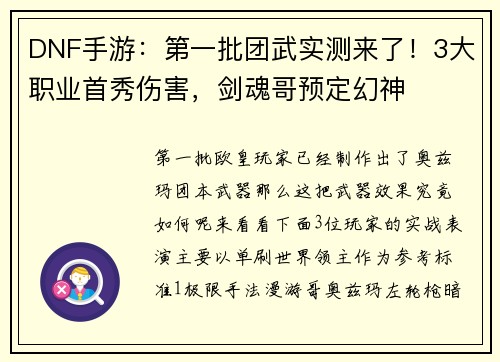 DNF手游：第一批团武实测来了！3大职业首秀伤害，剑魂哥预定幻神