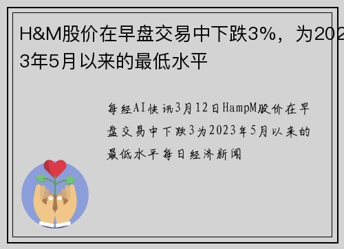 H&M股价在早盘交易中下跌3%，为2023年5月以来的最低水平