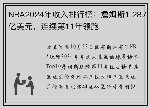 NBA2024年收入排行榜：詹姆斯1.287亿美元，连续第11年领跑