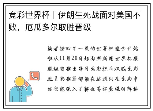竞彩世界杯｜伊朗生死战面对美国不败，厄瓜多尔取胜晋级